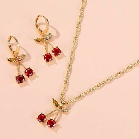 Cherry Red Crystal Necklace Earrings Jewelry Gift Set - Picture 2 of 5
